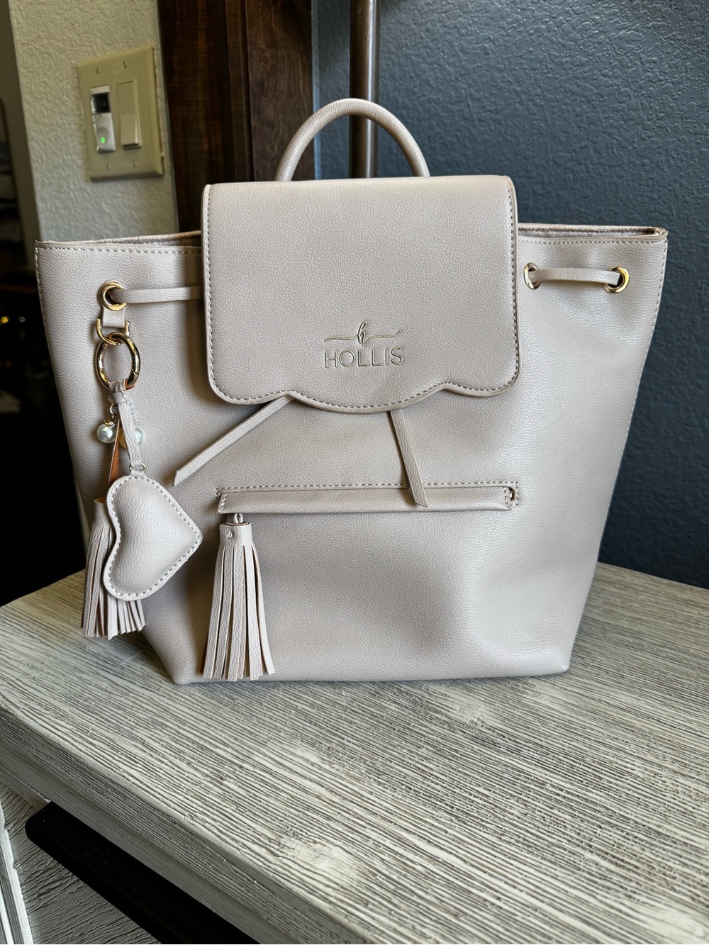 NEW!!! Hollis Cream Leather Tote Backpack with Tassel Charm